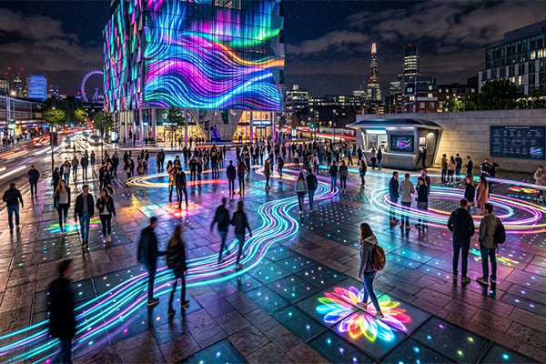 An outdoor plaza at night where lights embedded in the pavement illuminate as people walk over them.